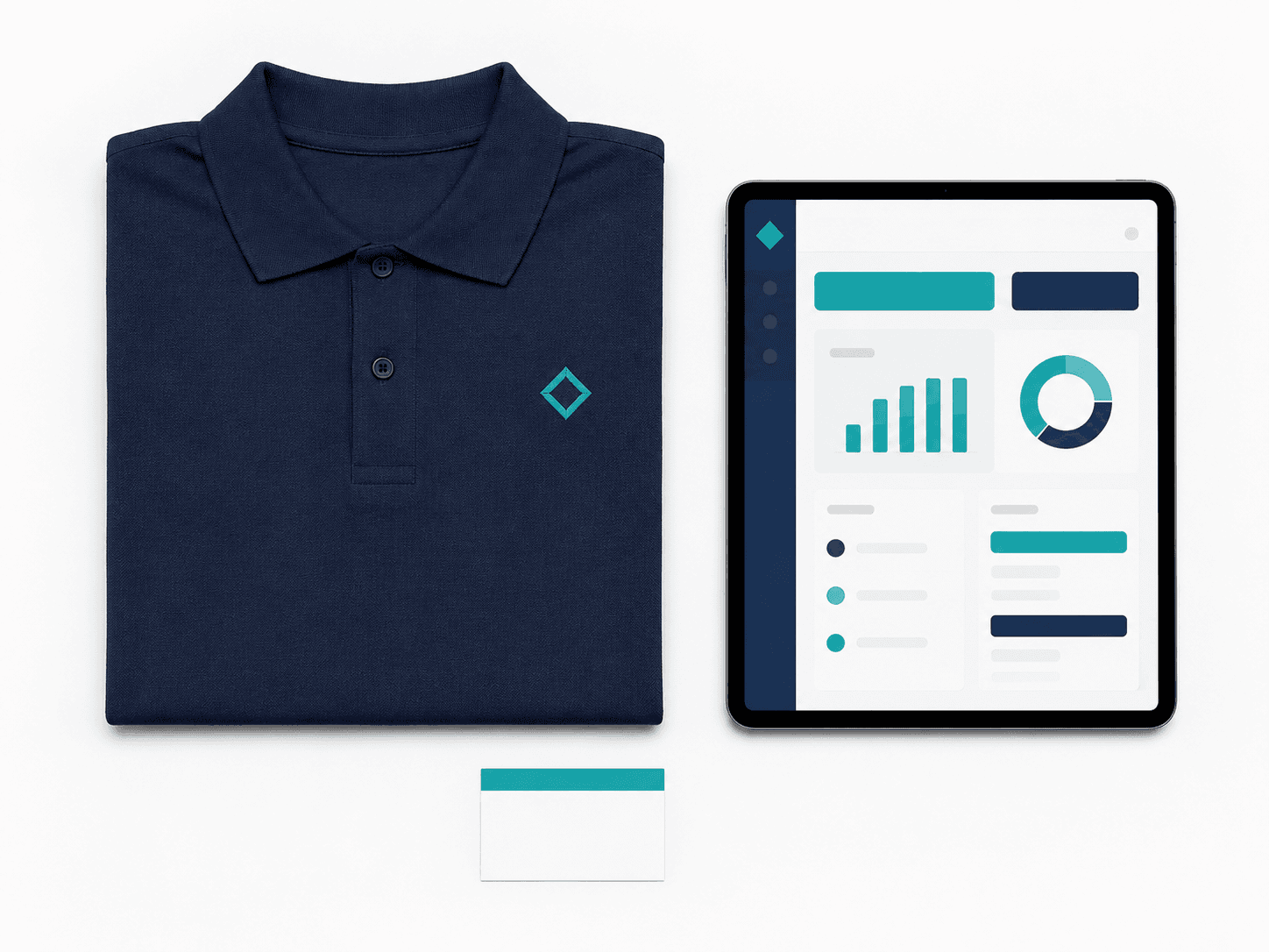 White-label branded materials — business cards, tablet and phone showing a custom-branded cleaning app